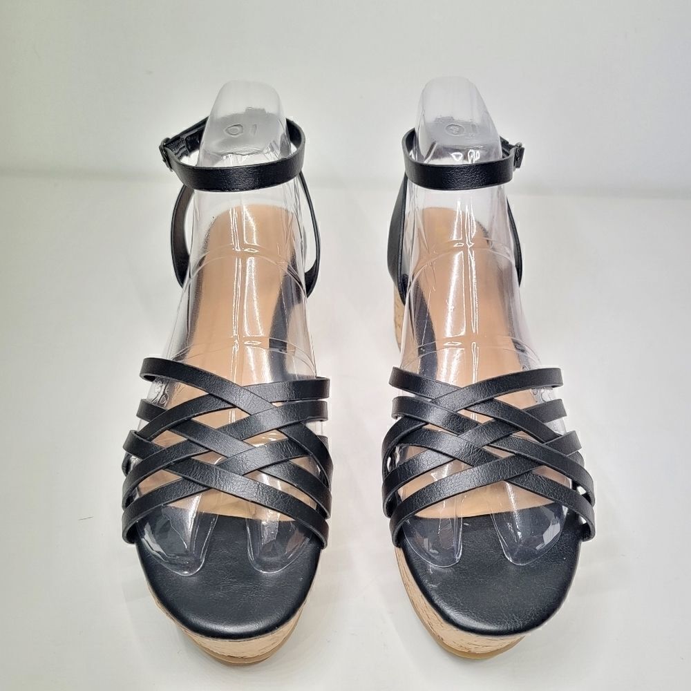 Bamboo black lattice strap platform sandal - Picture 2 of 9